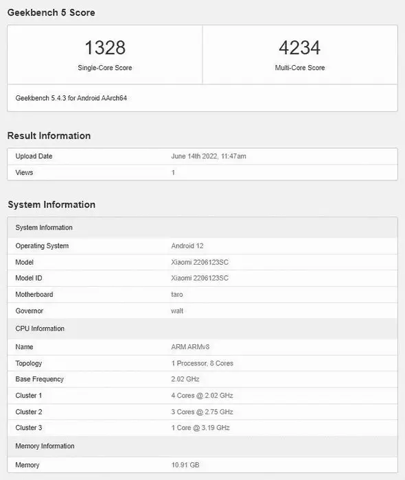  Xiaomi 12S Geekbench 
 